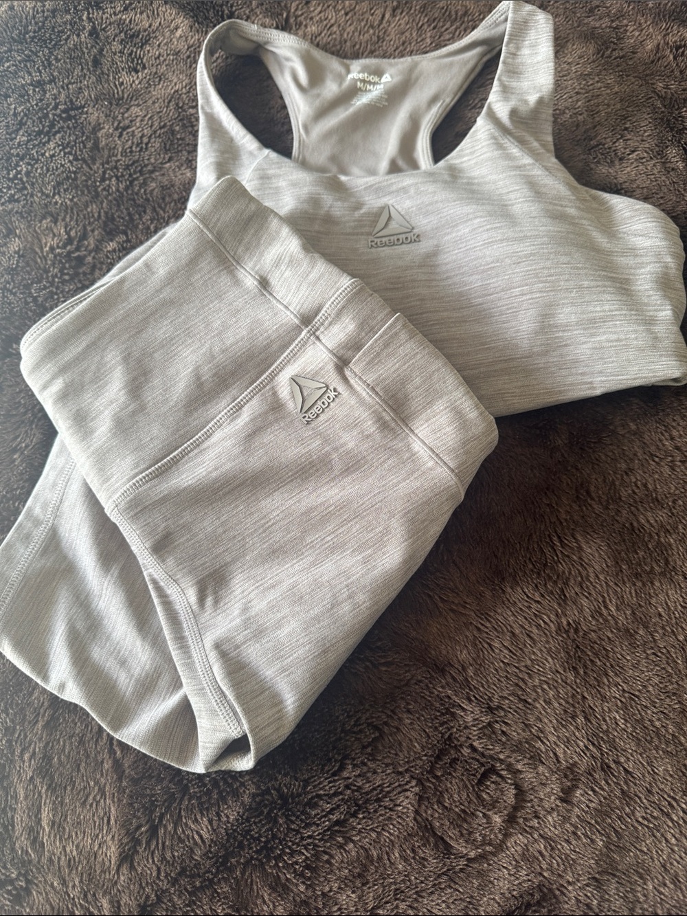 Reebok Khaki/Putty Gray Sports Bra and High-Waist Legging/Bike/Yoga ShortsSet